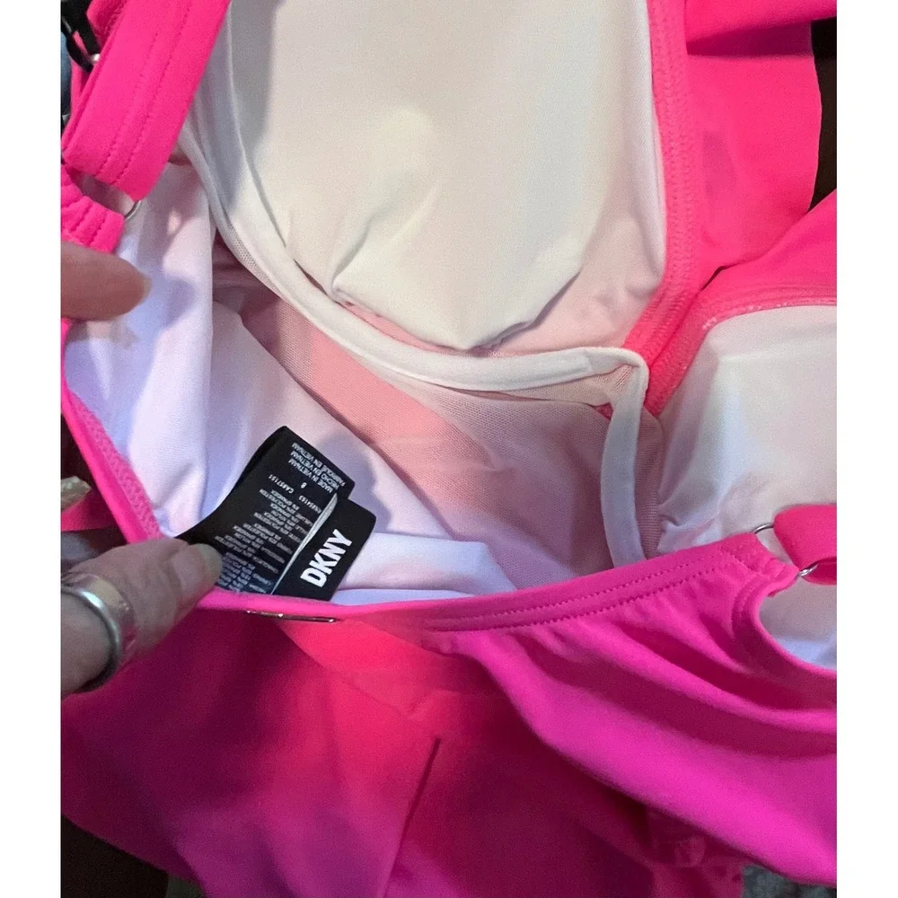 NWT DKNY Ruffle Plunge Underwire Tummy Control One-Piece Swimsuit Sz 8 Neon Pink - Picture 4 of 7